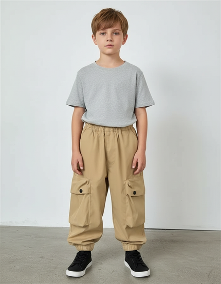Pantalon Cargo Beige Ample Multipoches Décontracté Enfant - Polyester