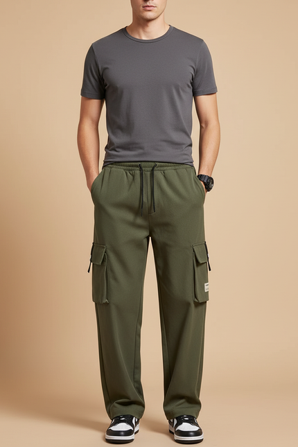 Pantalon Cargo Homme Vert Olive Baggy - Kaki Molleton