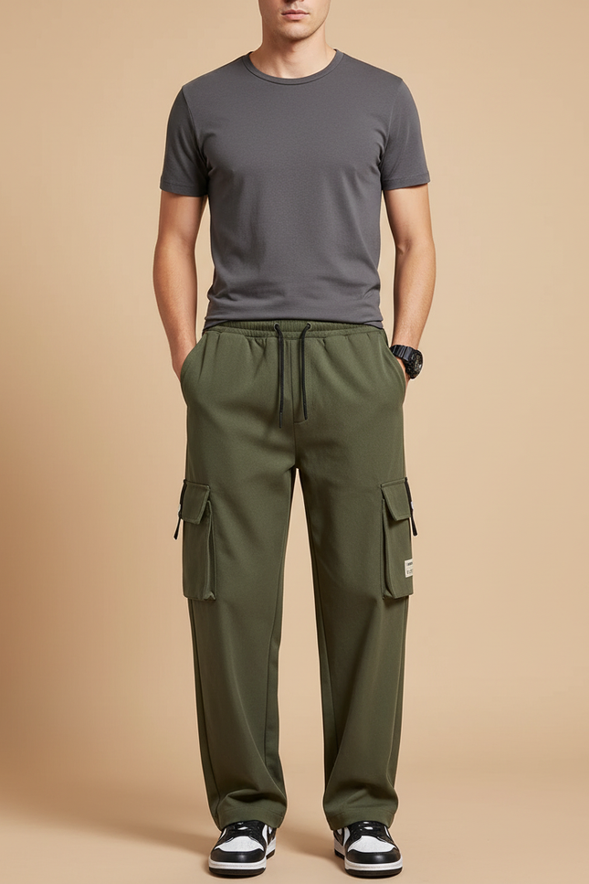 Pantalon Cargo Homme Vert Olive Baggy - Kaki Molleton