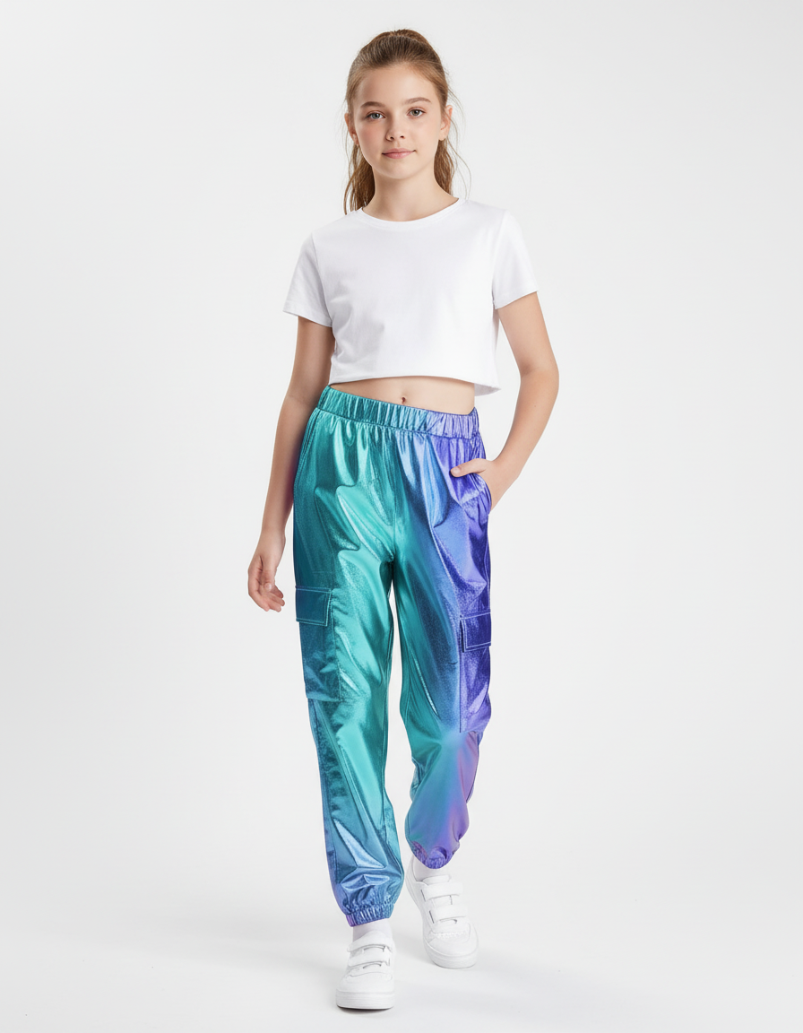 Pantalon Cargo Brillant Métallique Dégradé Ample Enfant - Multicolore Polyester