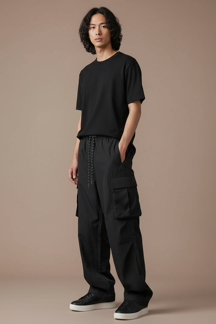 Pantalon Cargo Noir Ample Multipoches Homme Décontracté - Polyester