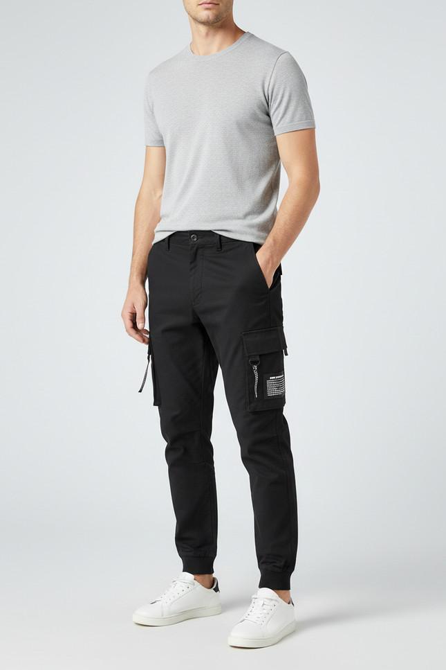 Pantalon Cargo Noir Homme Coupe Slim Poches - Coton