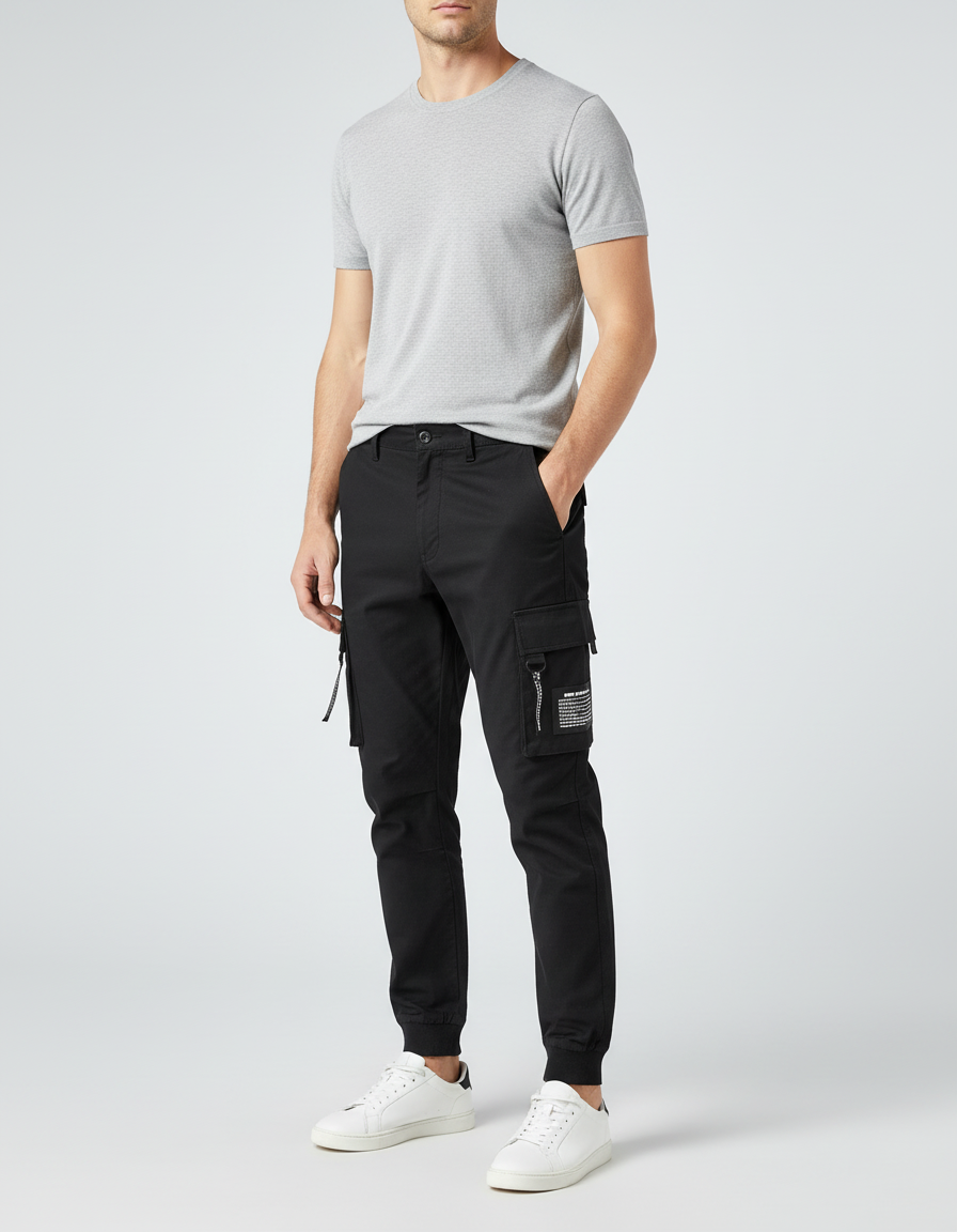Pantalon Cargo Noir Homme Coupe Slim Poches - Coton