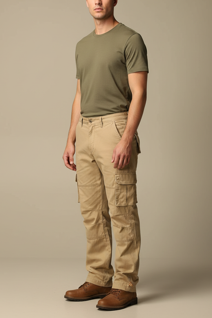 Pantalon Cargo Beige Coton Multipoches Droit Décontracté - Gabardine