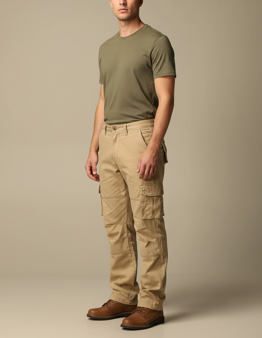 Pantalon Cargo Beige Coton Multipoches Droit Décontracté - Gabardine