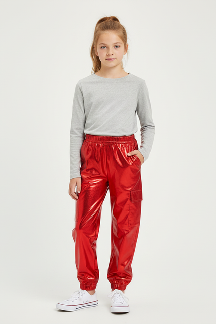 Pantalon Cargo Rouge Brillant Métallique Ample Enfant - Simili cuir