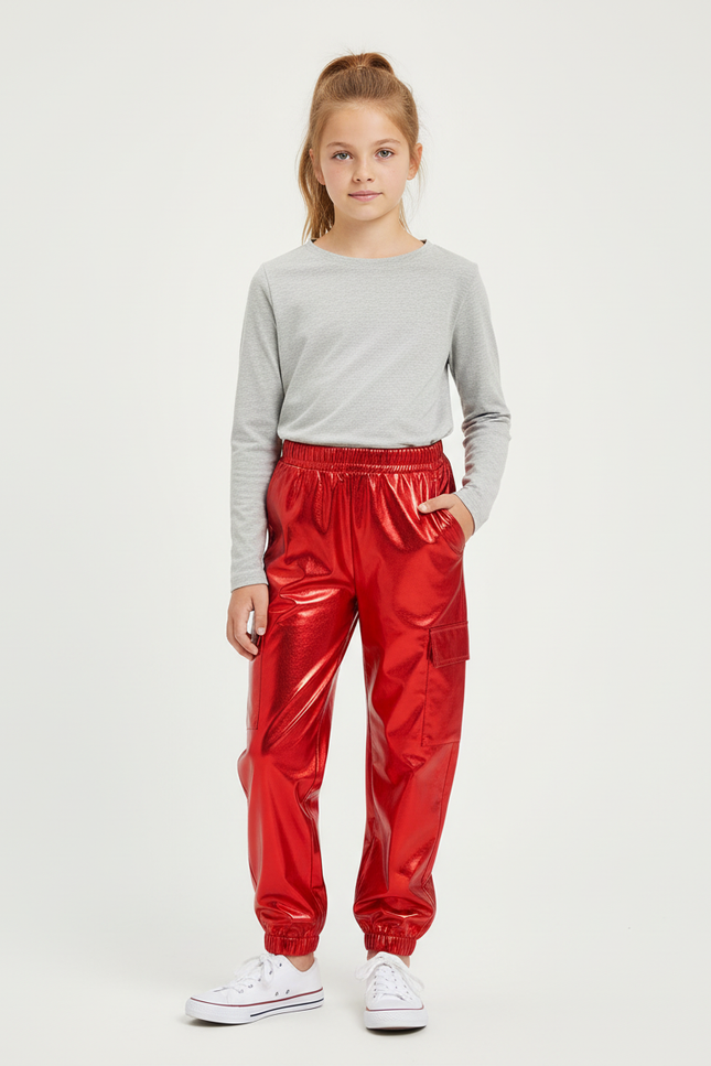 Pantalon Cargo Rouge Brillant Métallique Ample Enfant - Simili cuir