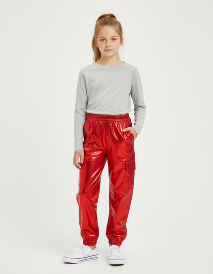 Pantalon Cargo Rouge Brillant Métallique Ample Enfant - Simili cuir