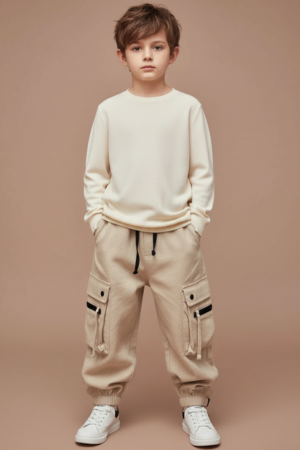 Pantalon Cargo Beige Ample Molleton Multipoches Garçon