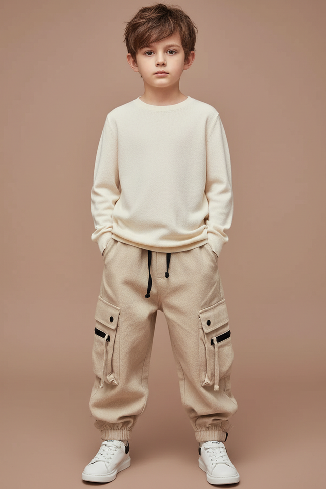 Pantalon Cargo Beige Ample Molleton Multipoches Garçon
