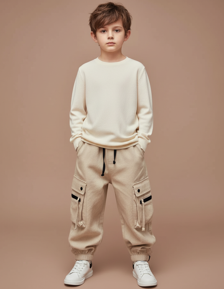 Pantalon Cargo Beige Ample Molleton Multipoches Garçon