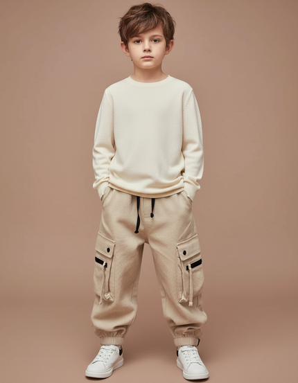 Pantalon Cargo Beige Ample Molleton Multipoches Garçon