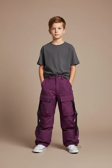 Pantalon Cargo Violet Ample Multi-Poches Bretelles Enfant - Polyester
