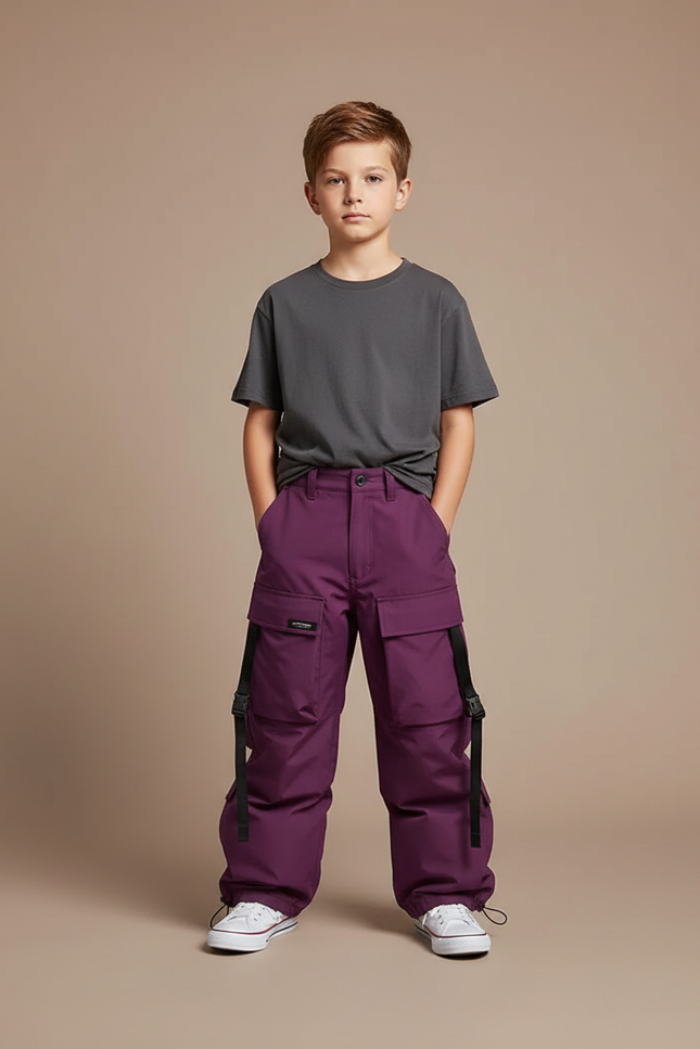 Pantalon Cargo Violet Ample Multi-Poches Bretelles Enfant - Polyester
