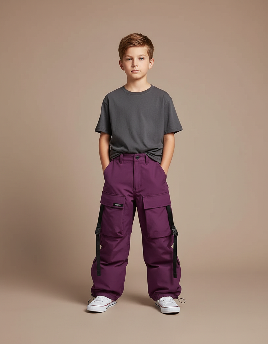 Pantalon Cargo Violet Ample Multi-Poches Bretelles Enfant - Polyester