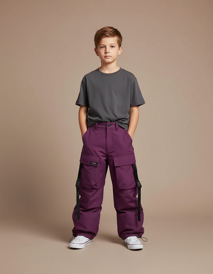 Pantalon Cargo Violet Ample Multi-Poches Bretelles Enfant - Polyester