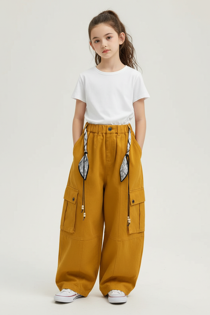 Pantalon Cargo Ample Jaune Moutarde Coton Fille