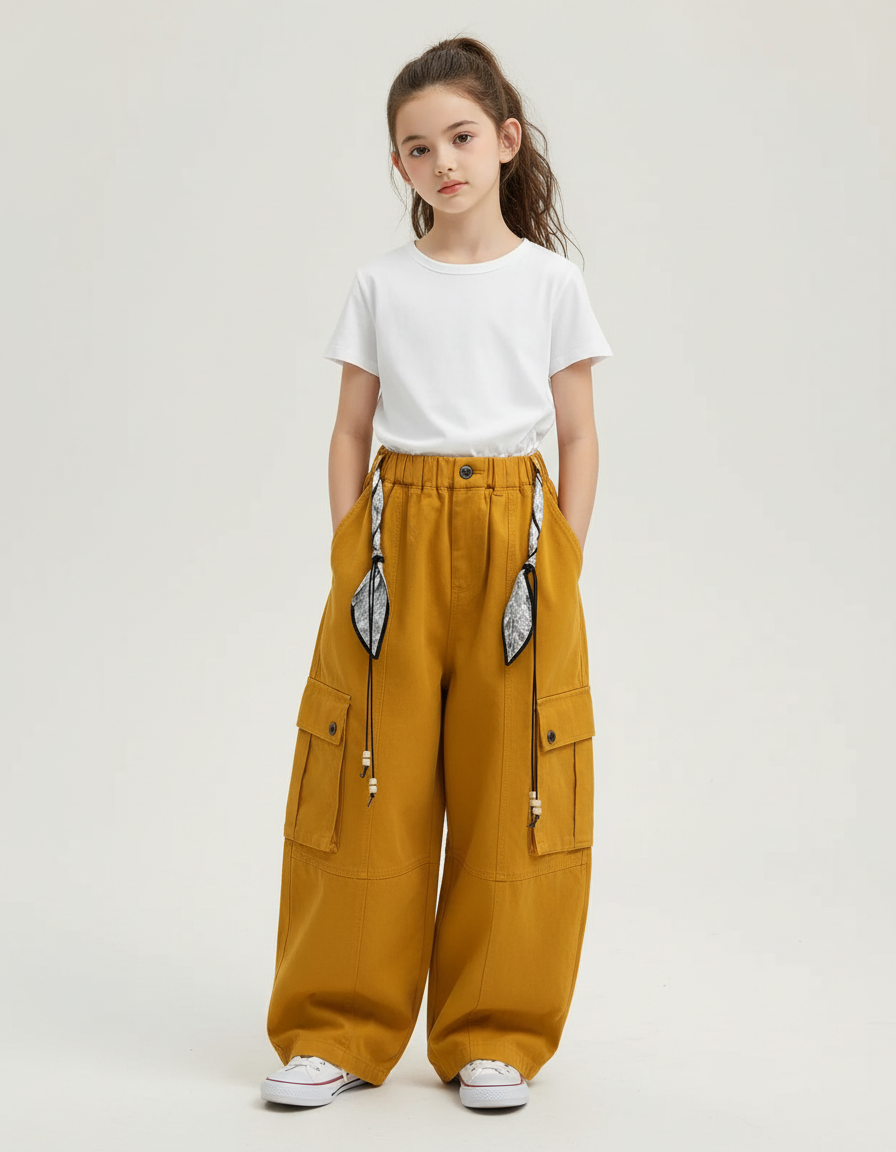 Pantalon Cargo Ample Jaune Moutarde Coton Fille