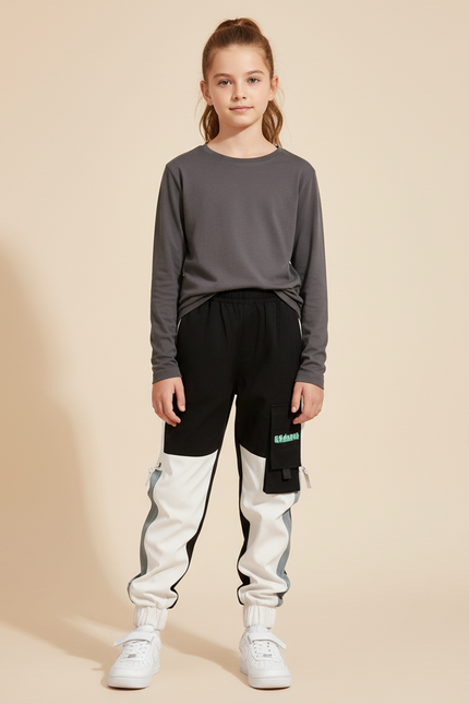 Pantalon Cargo Noir Blanc Multipoches Streetwear Enfant - Multicolore Polyester