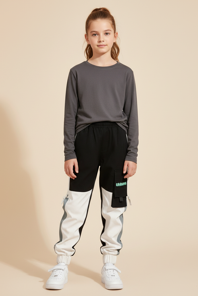 Pantalon Cargo Noir Blanc Multipoches Streetwear Enfant - Multicolore Polyester