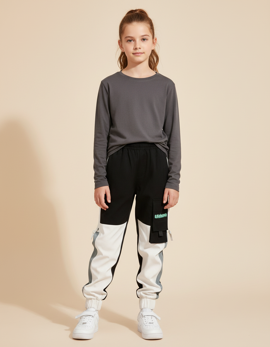 Pantalon Cargo Noir Blanc Multipoches Streetwear Enfant - Multicolore Polyester