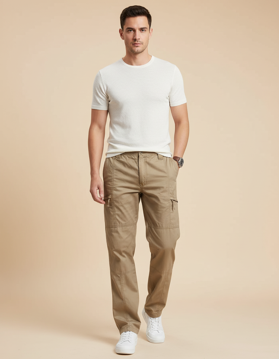 Pantalon Cargo Homme Kaki Coton Multi-Poches Décontracté - Toile