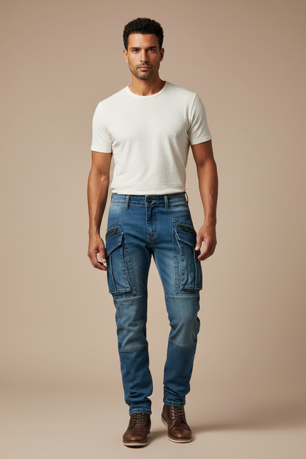 Pantalon Cargo Homme Bleu Denim Multipoches Coupe Slim - Jean