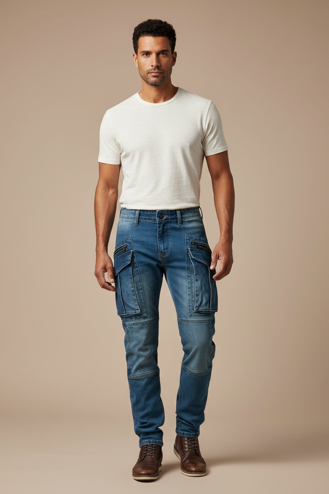 Pantalon Cargo Homme Bleu Denim Multipoches Coupe Slim - Jean