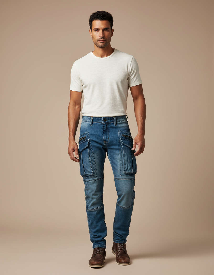 Pantalon Cargo Homme Bleu Denim Multipoches Coupe Slim - Jean