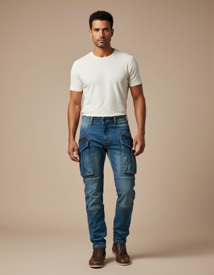 Pantalon Cargo Homme Bleu Denim Multipoches Coupe Slim - Jean