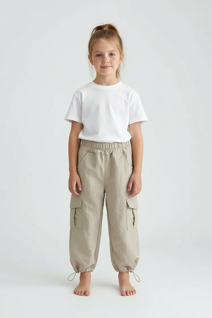 Pantalon Cargo Beige Coton Ample Poches Cordon Enfant - Lin