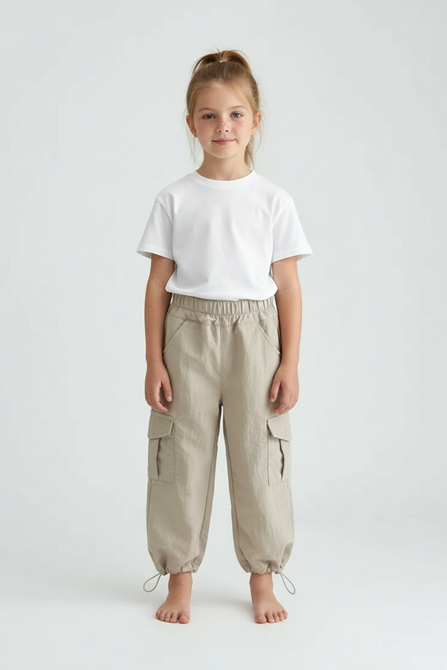 Pantalon Cargo Beige Coton Ample Poches Cordon Enfant - Lin