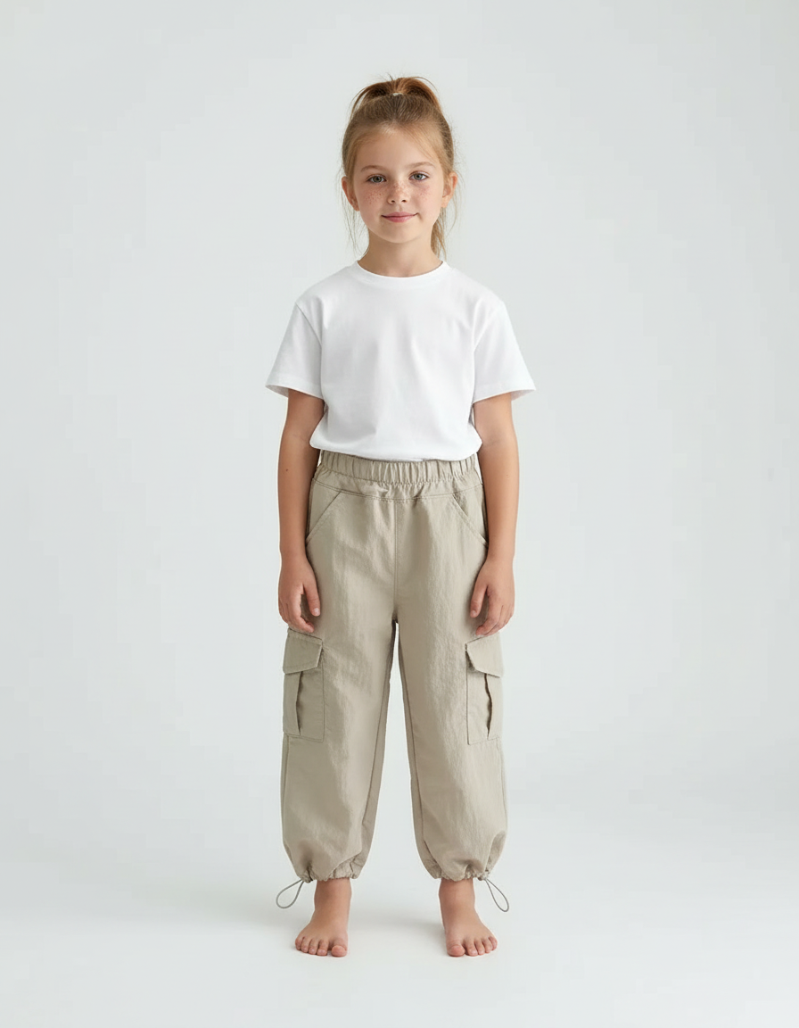 Pantalon Cargo Beige Coton Ample Poches Cordon Enfant - Lin