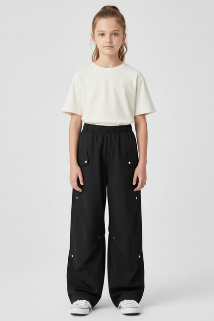 Pantalon Cargo Noir Ample Boutons Pression Enfant - Polyester
