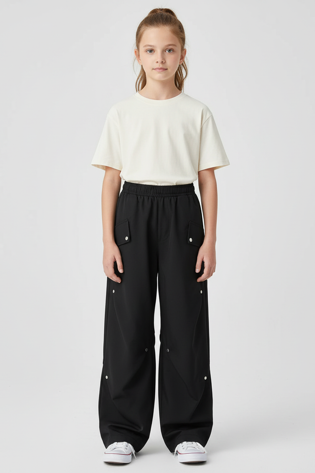 Pantalon Cargo Noir Ample Boutons Pression Enfant - Polyester