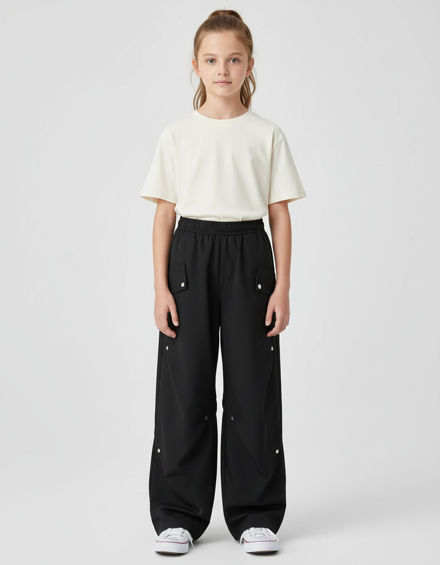 Pantalon Cargo Noir Ample Boutons Pression Enfant - Polyester