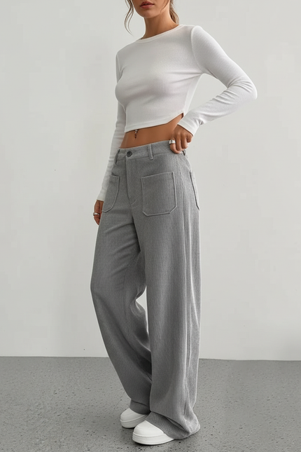 Pantalon Cargo Gris Côtelé Ample Décontracté Poches - Cordé