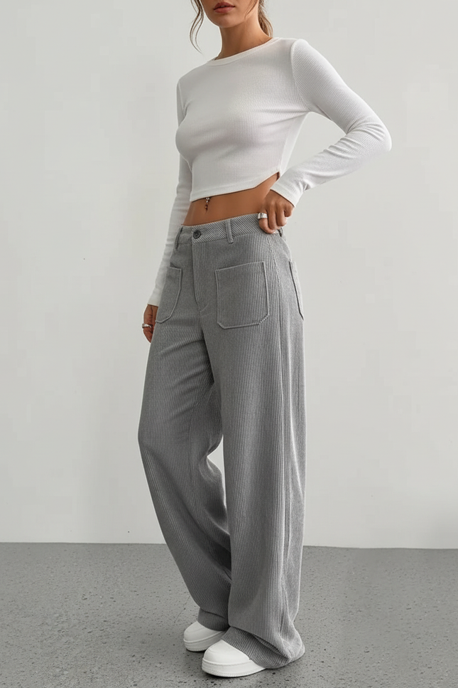 Pantalon Cargo Gris Côtelé Ample Décontracté Poches - Cordé