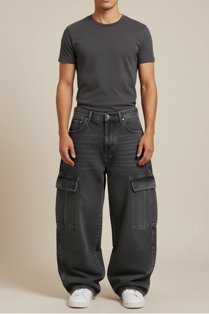 Pantalon Cargo Gris Ample Denim Multipoches Homme - Jean