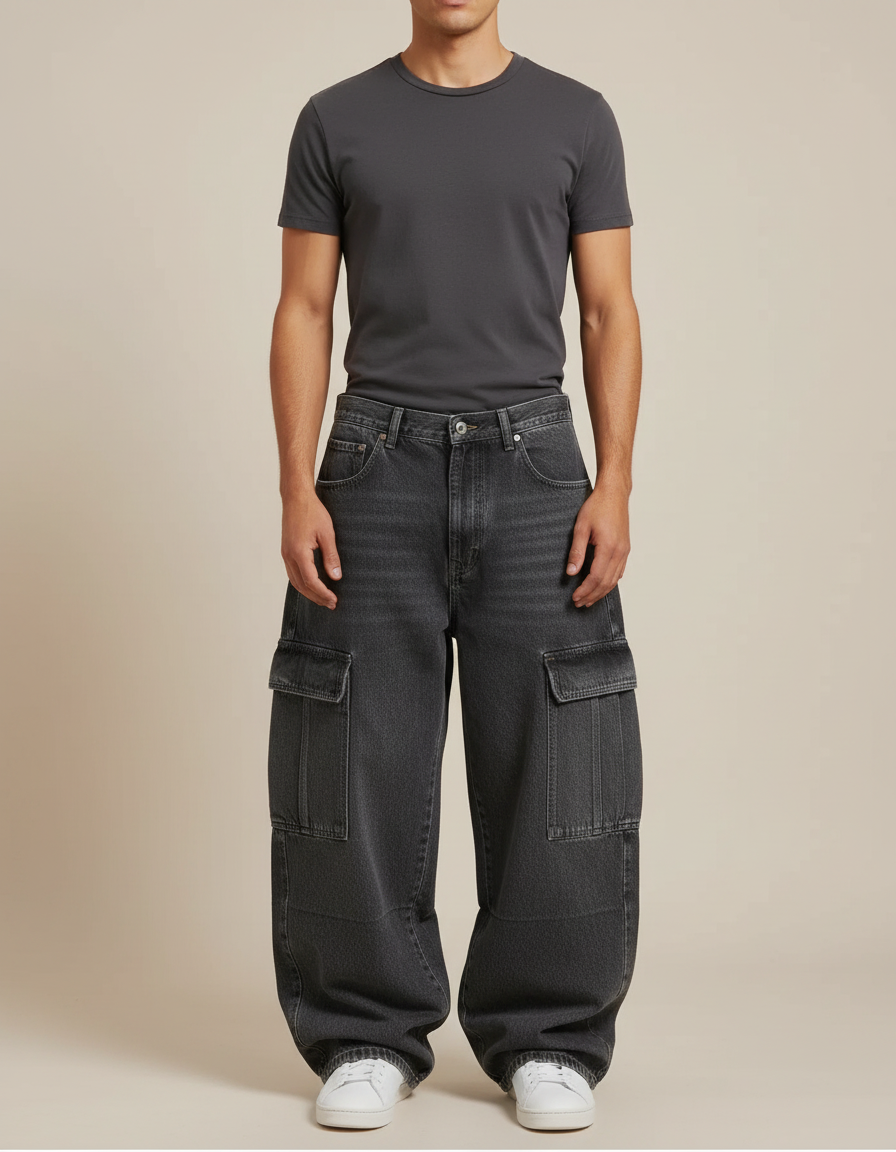 Pantalon Cargo Gris Ample Denim Multipoches Homme - Jean