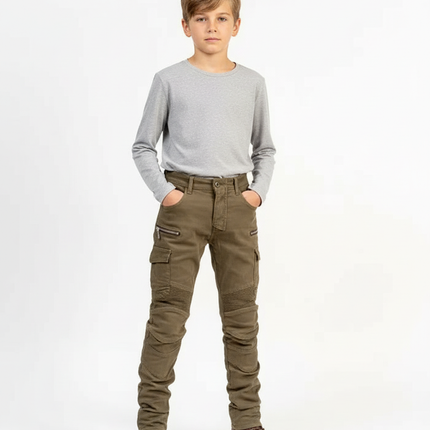Pantalon Cargo Kaki Enfant Slim Multipoches Motard - Toile