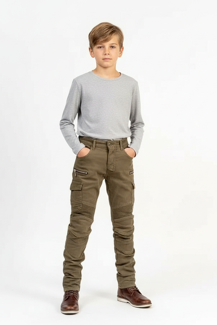 Pantalon Cargo Kaki Enfant Slim Multipoches Motard - Toile