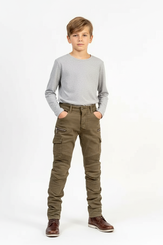 Pantalon Cargo Kaki Enfant Slim Multipoches Motard - Toile
