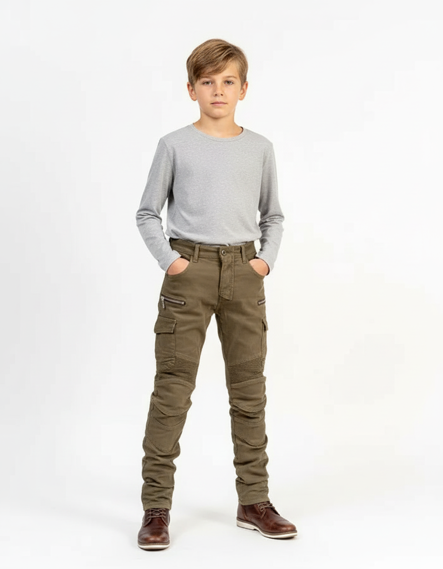 Pantalon Cargo Kaki Enfant Slim Multipoches Motard - Toile