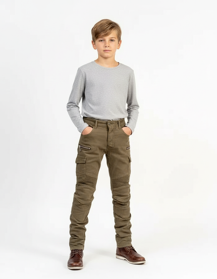Pantalon Cargo Kaki Enfant Slim Multipoches Motard - Toile