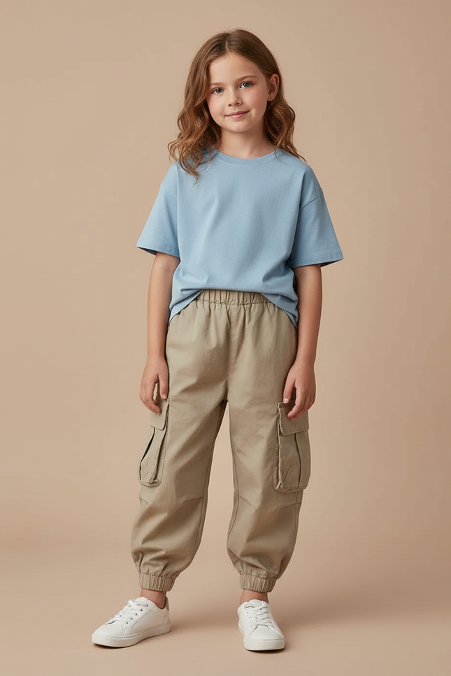 Pantalon Cargo Enfant Beige Décontracté Ample Coton