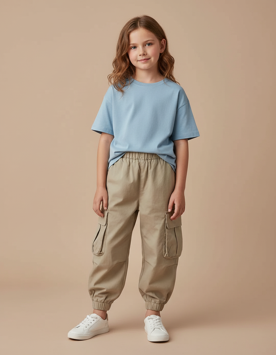 Pantalon Cargo Enfant Beige Décontracté Ample Coton