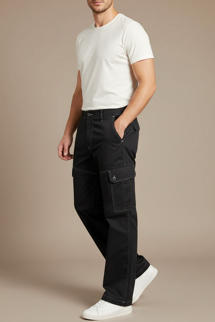 Pantalon Cargo Noir Coton Ample Décontracté Homme - Toile