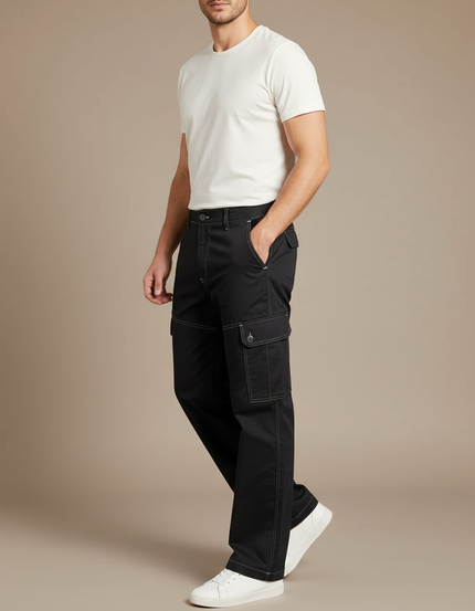 Pantalon Cargo Noir Coton Ample Décontracté Homme - Toile