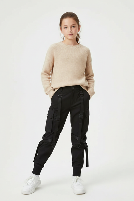 Pantalon Cargo Noir Décontracté Sangles Fille Urbain - Toile